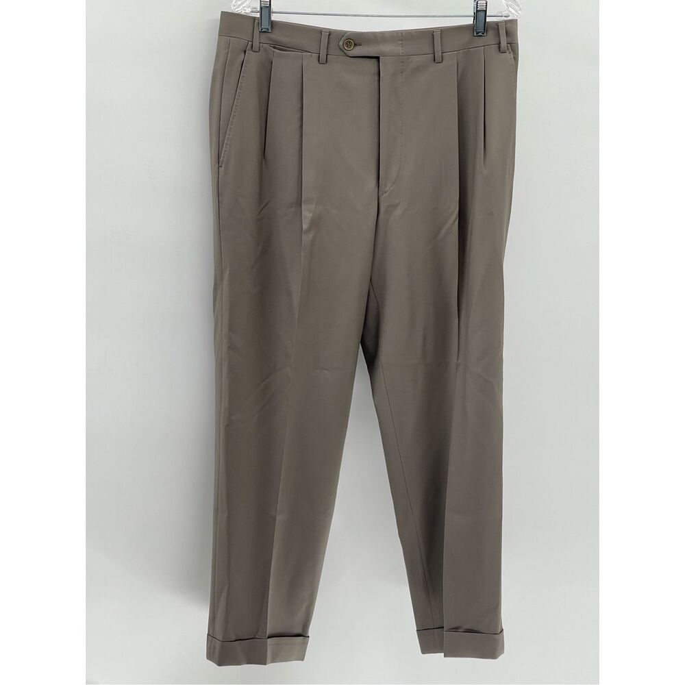 Canali Dress‎ Pants Men Size 34 x 28 Beige Brown Wool Cuffed Pleated